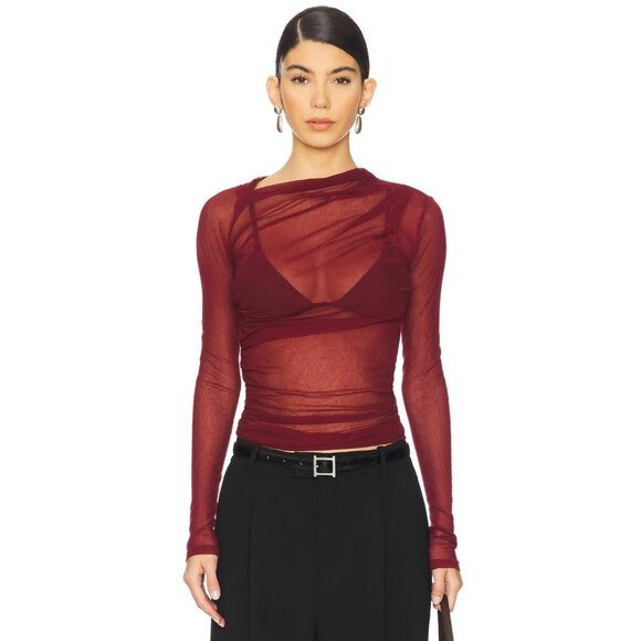 Enza Costa Long Sleeve Slash Top in Ruby Small New Womens Mesh Blouse - Picture 16 of 16